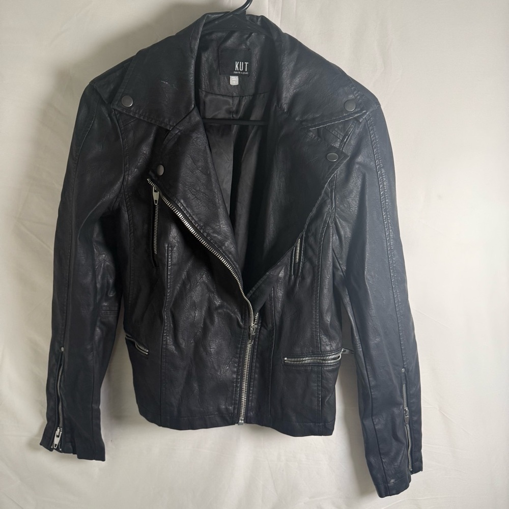 Kut From The Kloth Black Faux Leather Moto Jacket Women’s Small Silver Hardware - Picture 1 of 10
